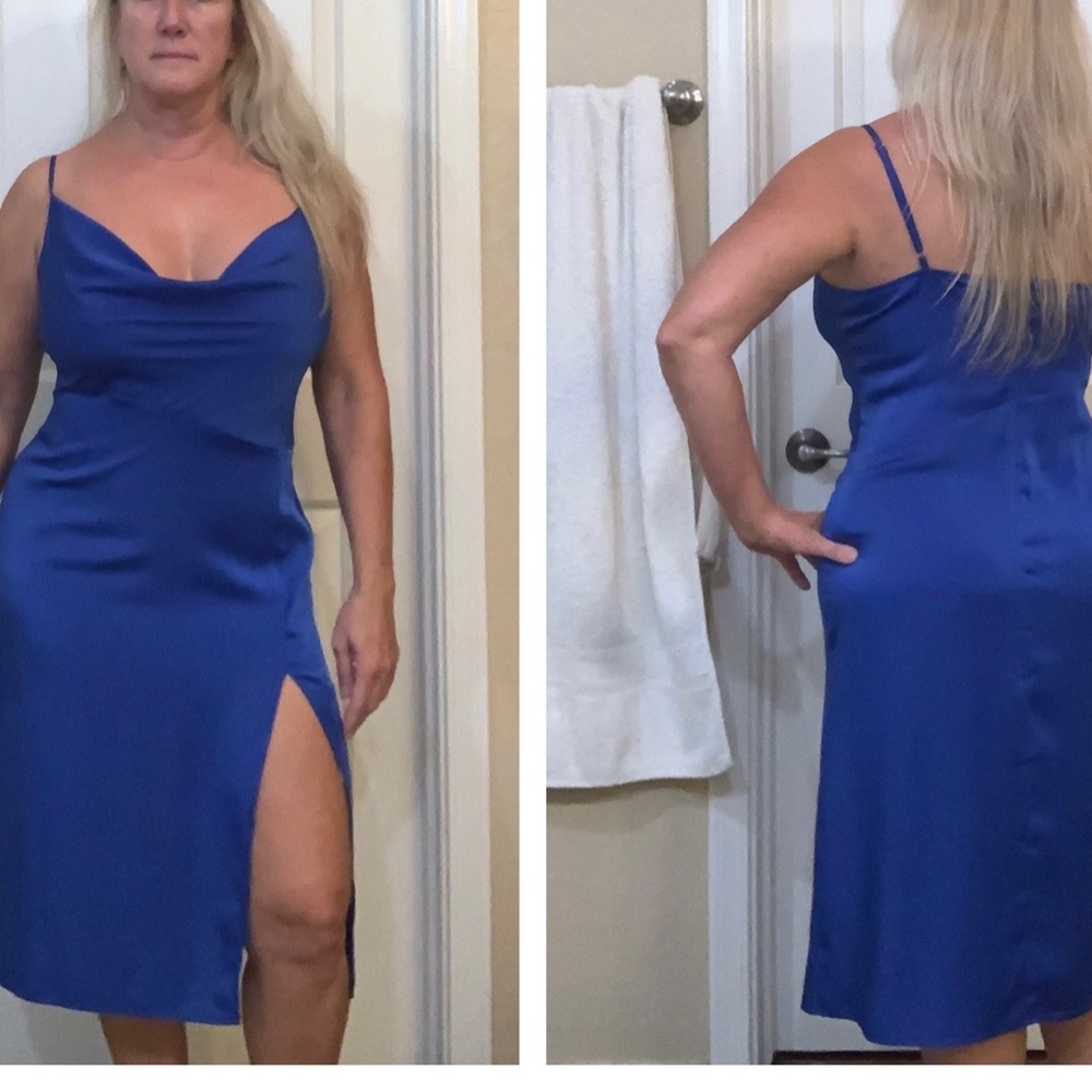 New Royal blue satiny drape neck slip dress